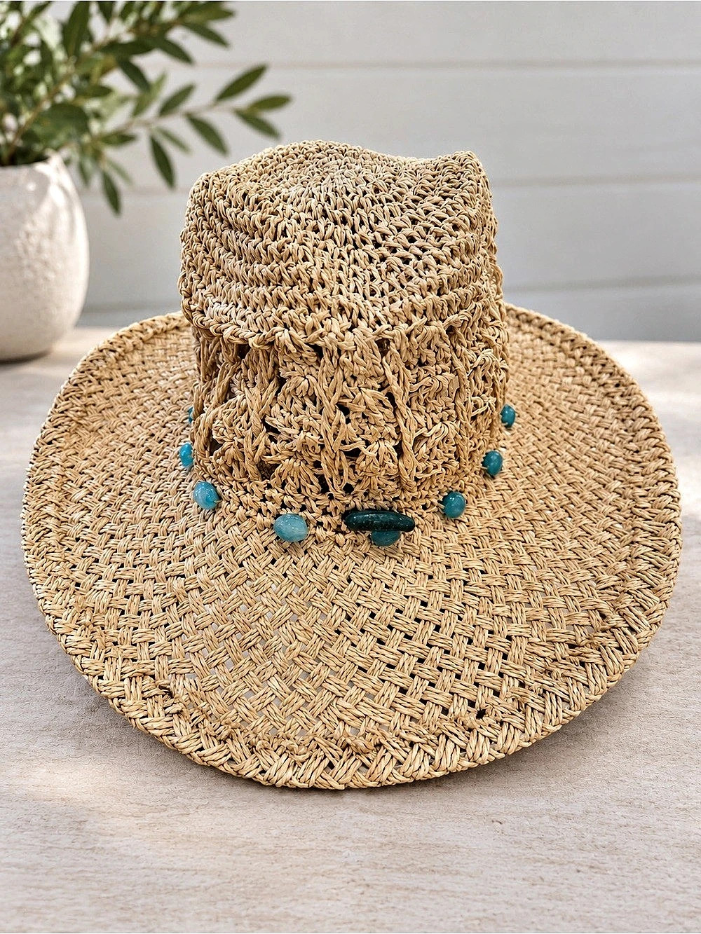 Boho Crochet Paper Straw Cowboy Hat Turquoise Beads Wide Brim Western Sun Hat